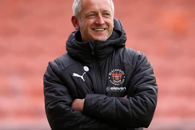 Neil Critchley, Manager of Blackpool, looks on prior to the Sky Bet League One match between Blackpool and Doncaster Rovers at Bloomfield Road on May 04, 2021 in Blackpool, England.