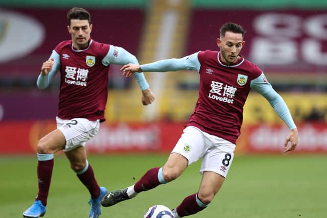 Josh Brownhill of Burnley in action during the Premier League match between Burnley and West Bromwich Albion at Turf Moor on February 20, 2021 in Burnley, England.