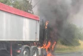 A HGV burst into flames on the A59 in Sawley, Lancashire. (Credit: @Clitheroe_Fire)