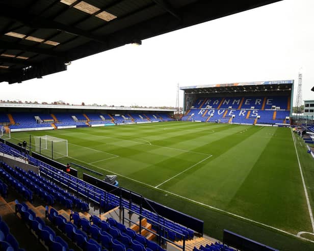 A general view inside the stadium prior to the Sky Bet League Two Play-off Semi Final 1st Leg match between Tranmere Rovers and Morecambe at Prenton Park on May 20, 2021 in Birkenhead, England.