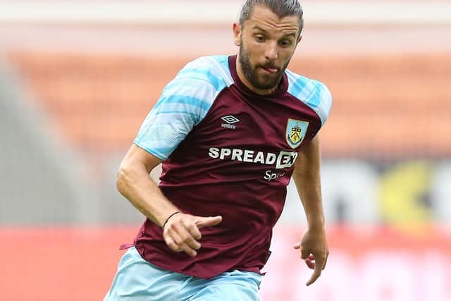 Jay Rodriguez of Burnley runs with the ball during the Pre-Season Friendly match between Blackpool and Burnley at Bloomfield Road on July 27, 2021 in Blackpool, England.