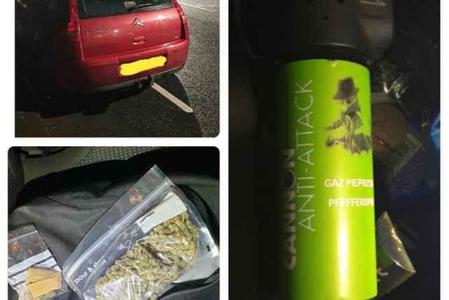 Police officers, who stopped a car in Burnley in the early hours of this morning, discovered a can of pepper spray and a quantity of suspected class A and B drugs in the vehicle.