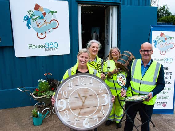 (Left to right) Jane Hardy-Jones and Janine Lund, both waste management officers, Sue Blanchflower, who works in the shop, and County Coun. Shaun Turner.