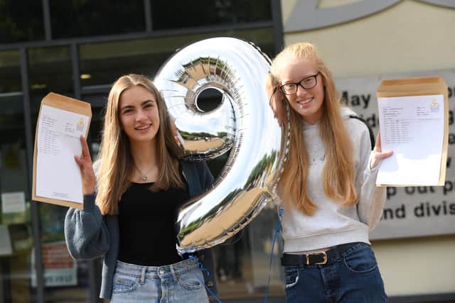 Eve Wharton and Erin Johnson are delighted with their GCSE results today (photo by Andy Ford)