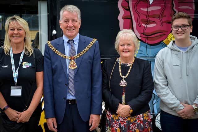 The Mayor and Mayoress at the launch with Lynne Blackburn, the director and project manager for Participation Works NW and youth panel member Jordan Hartley