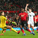Paul Pogba of Manchester United scores his team's first goal past Thomas Heaton of Burnley but it is later disallowed during the Premier League match between Manchester United and Burnley at Old Trafford on January 29, 2019 in Manchester, United Kingdom.