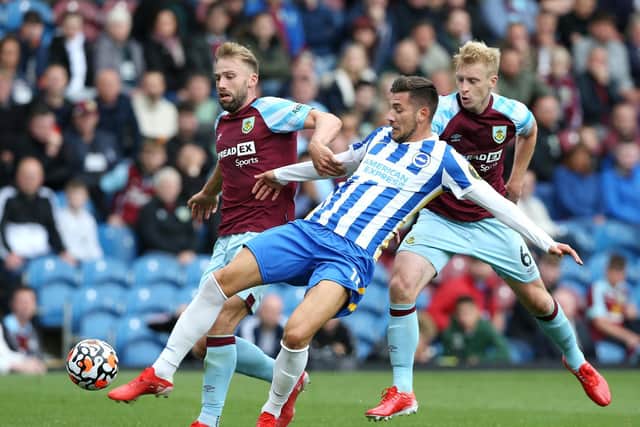 Jakub Moder of Brighton is challenged by Charlie Taylor and Ben Mee of Burnley and Hove Albion during the Premier League match between Burnley and Brighton & Hove Albion at Turf Moor on August 14, 2021 in Burnley, England.