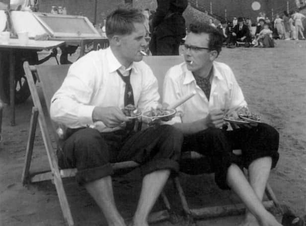 Eric Morecambe and Ernie Wise on the beach at Blackpool in 1953
