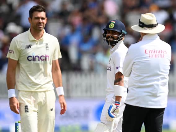 England bowler James Anderson and India captain Virat Kohli have a frank discussion during day four of the Second LV= Insurance Test Match between England and India at Lord's Cricket Ground on August 15, 2021 in London, England.