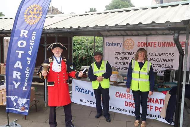 Clitheroe Town Crier at the Rotary goods stall. Photo by David Bleazard
