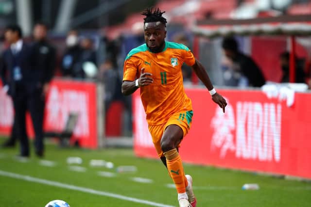 Maxwel Cornet of Ivory Coast in action during the international friendly match between Japan and Ivory Coast at Stadion Galgenwaard on October 13, 2020 in Utrecht, Netherlands.