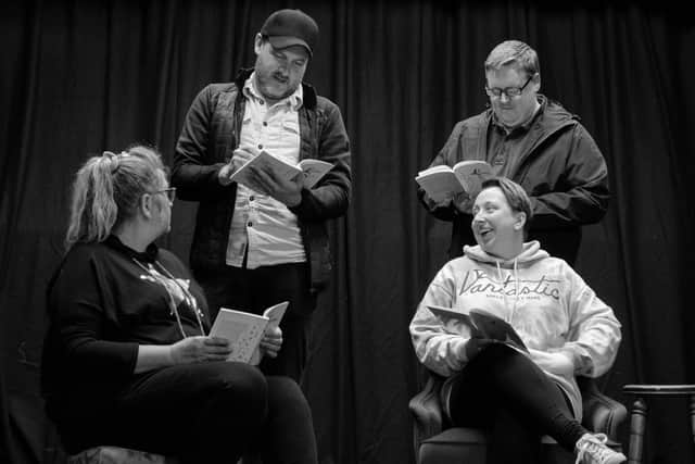 The cast of Lucky Sods in rehearsal