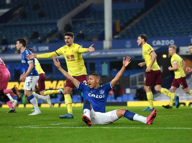 Richarlison of Everton appeals to the referee during the Premier League match between Everton and Burnley at Goodison Park on March 13, 2021 in Liverpool, England.