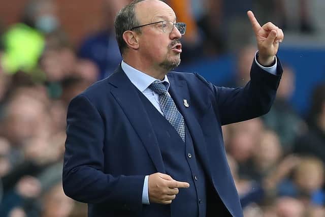 Rafael Benitez, Manager of Everton gives their side instructions during the Premier League match between Everton and Southampton at Goodison Park on August 14, 2021 in Liverpool, England.