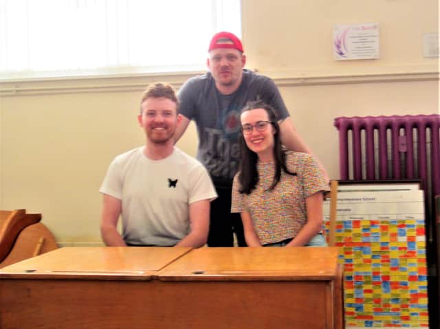 The cast of  Teechers (left to right) Luke Crowther, Gary Leonard and Rachel Bailey, which was the Garrick's first prodution  staged at its new home in Burnley