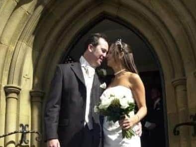 Sean and Lisa on their wedding day at St Mary's RC Church in Burnley in 2005.