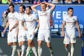Burnley's English defender Ben Mee reacts after his team's third goal was ruled out following a VAR decision during the English Premier League football match between Leicester City and Burnley at King Power Stadium in Leicester, central England on September 25, 2021. - The match ended 2-2.