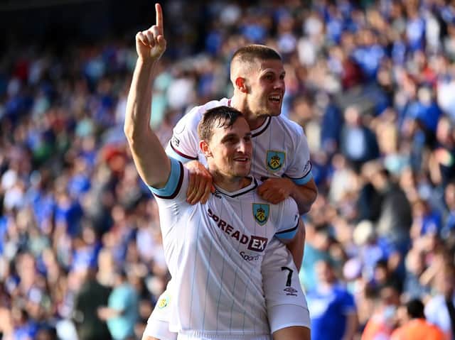 Chris Wood of Burnley celebrates scoring a goal which is later ruled out for offside during the Premier League match between Leicester City and Burnley at The King Power Stadium on September 25, 2021 in Leicester, England.