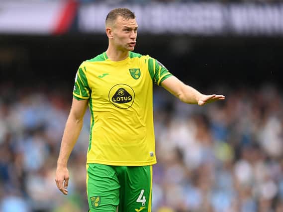 Ben Gibson of Norwich looks on during the Premier League match between Manchester City and Norwich City at Etihad Stadium on August 21, 2021 in Manchester, England.