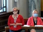 County Cllr Lizzi Collinge (standing) pictured in May during a debate at the first in-person full council meeting at Lancashire County Council in 15 months (image via Lancashire County Council webcast)
