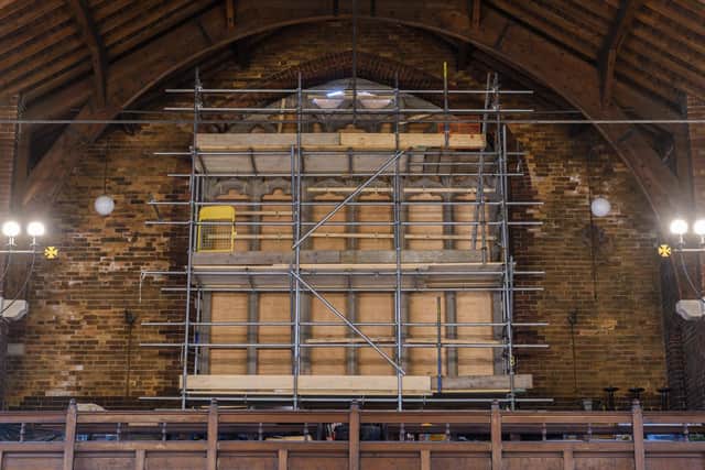 Scaffolding erected at the main window at St Catherine's Church in Burnley where repair work is taking place.