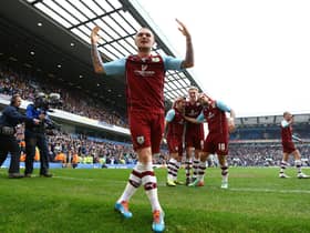 Kieran Trippier of Burnley celebrates the second goal by team mate Danny Ings during the Sky Bet Championship match between Blackburn Rovers and Burnley at Ewood Park on March 9, 2014 in Blackburn, England.