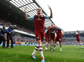 Kieran Trippier of Burnley celebrates the second goal by team mate Danny Ings during the Sky Bet Championship match between Blackburn Rovers and Burnley at Ewood Park on March 9, 2014 in Blackburn, England.