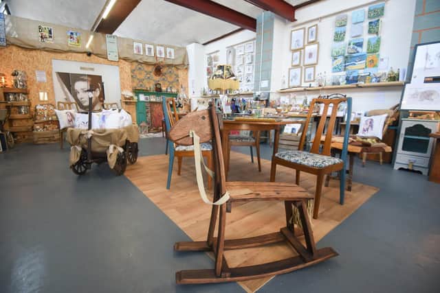 The rocking horse (centre front) was made by Philip Crompton using recycled wood from an oak barrrel.