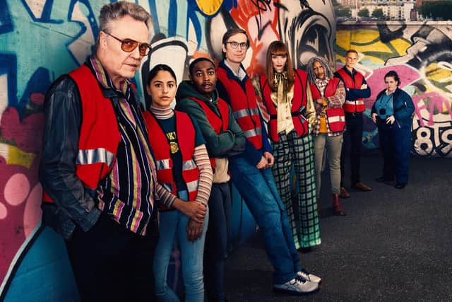 The stars of the new BBC comedy drama The Outlaws. From left, Christopher Walken, Rhianne Barreto, Gamba Cole, Stephen Merchant, Eleanor Tomlinson, Clare Perkins, Darren Boyd and Jess Gunning