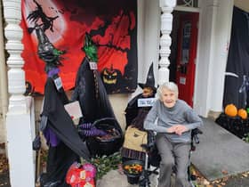 One of the residents at The Manor House care home in Chatburn with the spooky Hallowe'en display