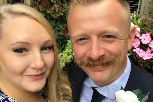 Josh with his fiancee Lydia Chadwick. He grew a moustache for the Movember challenge in 2020 and has kept it for a year