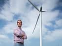 Nick Kenyon photographed by the landmark wind turbine at Dewlay