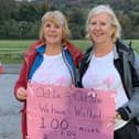 Freda (left) with her sister Susan after completing the challenge to walk 100 miles in a month