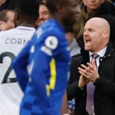 Burnley's English manager Sean Dyche reacts during the English Premier League football match between Chelsea and Burnley at Stamford Bridge in London on November 6, 2021.