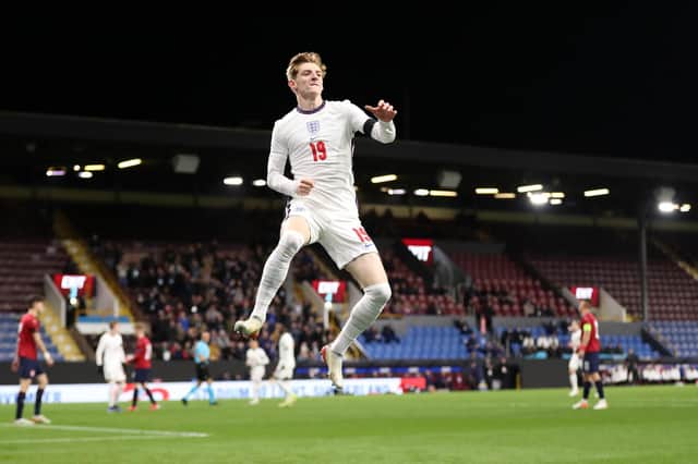 Anthony Gordon of England celebrates scoring the second goal during the UEFA European Under-21 Championship Qualifier match between England U21s and Czech Republic U21s on November 11, 2021 in Burnley, England.