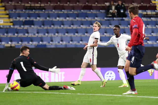 Folarin Balogun of England scores the third goal during the UEFA European Under-21 Championship Qualifier match between England U21s and Czech Republic U21s on November 11, 2021 in Burnley, England.