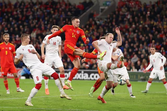 Connor Roberts of Wales scores their side's fifth goal during the 2022 FIFA World Cup Qualifier match between Wales and Belarus at Cardiff City Stadium on November 13, 2021 in Cardiff, Wales.