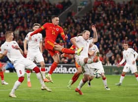 Connor Roberts of Wales scores their side's fifth goal during the 2022 FIFA World Cup Qualifier match between Wales and Belarus at Cardiff City Stadium on November 13, 2021 in Cardiff, Wales.