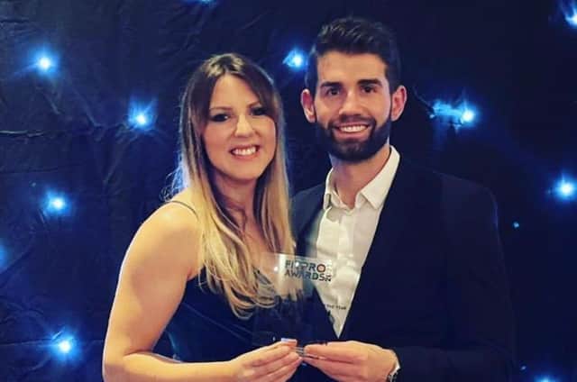 Holly Lynch and husband Endrit Shehu celebrating the award win at the
Fitness Professional Awards.
