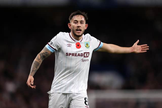 Josh Brownhill of Burnley during the Premier League match between Chelsea and Burnley at Stamford Bridge on November 06, 2021 in London, England.