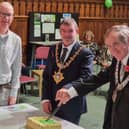 Ribble Valley Mayor Coun. Tony Austin and Clitheroe Town Mayor Simon O' Rourke with Graham Haldane enjoy the 10 year celebrations