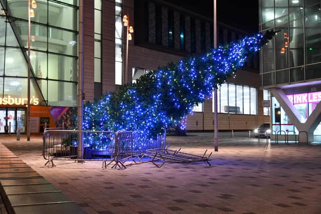 The large Christmas tree outside Sainsbury's and the council offices in Talbot Square was downed by Storm Arwen on Friday, November 26, 2021 (Picture: Darren Nelson)
