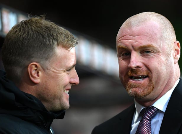 Eddie Howe, Manager of AFC Bournemouth talks to Sean Dyche, Manager of Burnley prior to the Premier League match between AFC Bournemouth and Burnley FC at Vitality Stadium on December 21, 2019 in Bournemouth, United Kingdom.