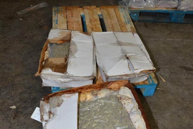 When officers searched the unit they uncovered numerous boxes containing 200kg of skunk cannabis and 200 kg of cannabis resin (Credit: Lancashire Police)