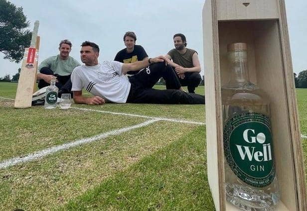 The Tailenders James Anderson, Greg James, Felix White and Matt Horan celebrate their own branded gin which raised £10,000 for Pendleside