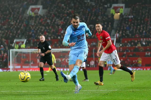 Jay Rodriguez rifles home Burnley's second goal in their 2-0 win at Old Trafford in January 2020