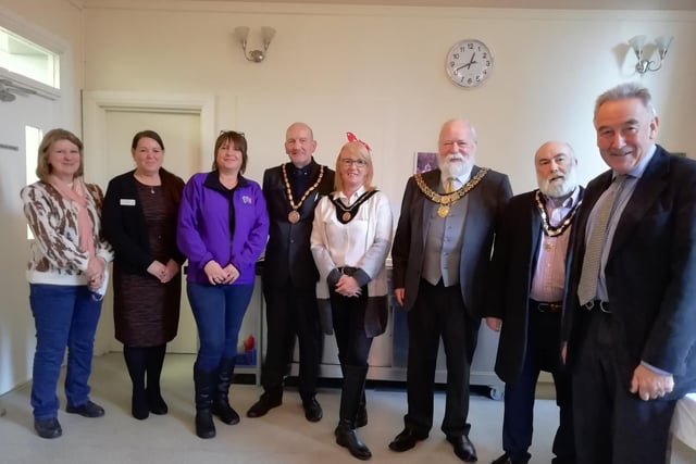 Dignitaries at the home are (from left) Sandra Raymond, Dianne Kay, Ali Byerley, The Mayor and Mayoress of Skegness, Trevor and Jane Burnham, The Mayor of Derby, Robin Wood, The Mayor of Derby’s Consort, Andy Flint, and Derbyshire Children’s Holiday Centre chairman Alan Grimadell, pictured at the centre.
