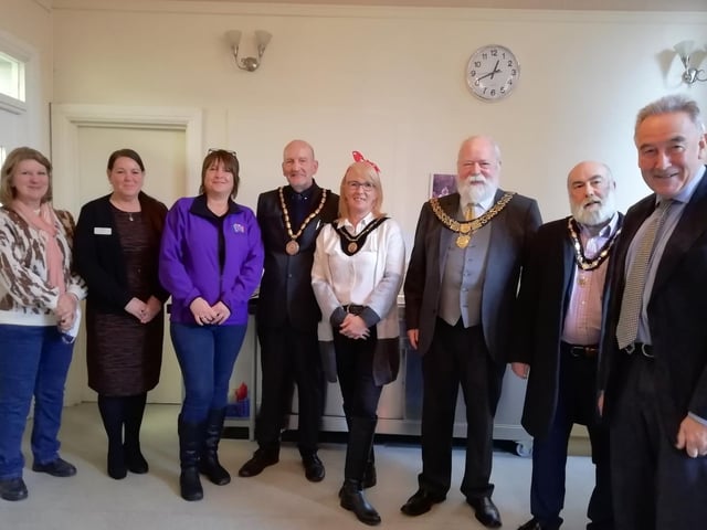 Dignitaries at the home are (from left) Sandra Raymond, Dianne Kay, Ali Byerley, The Mayor and Mayoress of Skegness, Trevor and Jane Burnham, The Mayor of Derby, Robin Wood, The Mayor of Derby’s Consort, Andy Flint, and Derbyshire Children’s Holiday Centre chairman Alan Grimadell, pictured at the centre.