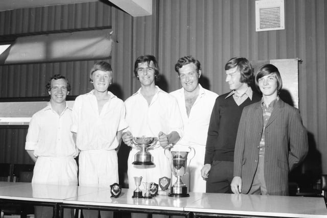 Award winners in the Turf Moor single wicket competition (left to right): Roland Harrison and Paul Blakey (losing semi-finalists), Neil Whalley (with cup), Barry Foster, Trevor Pickup (who was awarded the Syd Ratcliffe trophy for the best young player of the season) and Graham Bushell (junior player who got furthest in Sunday's competition)