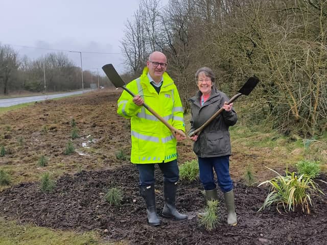 Councillor Shaun Turner and Councillor Carole Haythornthwaite planted the 500th tree along the A59 in Clitheroe thanks to a grant of £83,692 from the the Local Authority Treescapes Fund